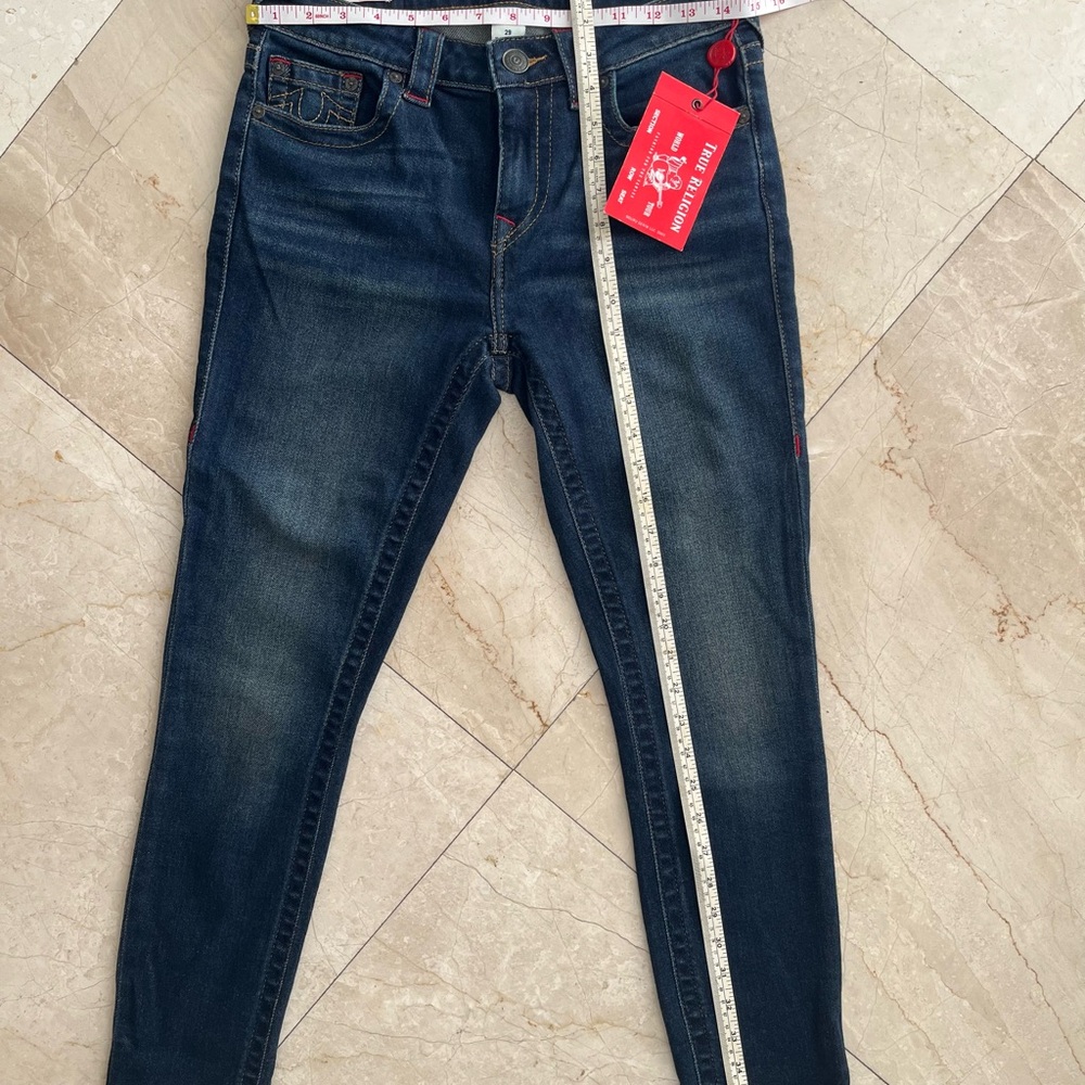 True Religion Blue Denim Jeans with Red Stitching Jenny Curvy, size 29, NWT - Picture 3 of 8